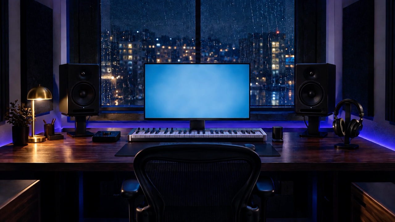 A producer's studio at night, rain on the window, the lights coming up
